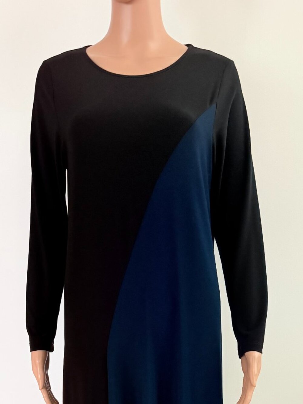Comfy USA Black Blue Colorblock Scoop Neck Long Sleeve Stretch Midi Dress Small